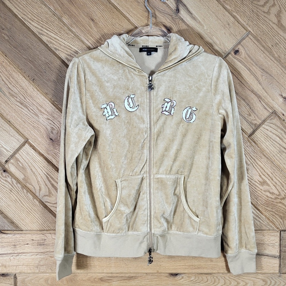 BCBGMAXAZRIA Velour Hoodie Women XL Sequin Crown Logo Zip Sweatshirt Tan